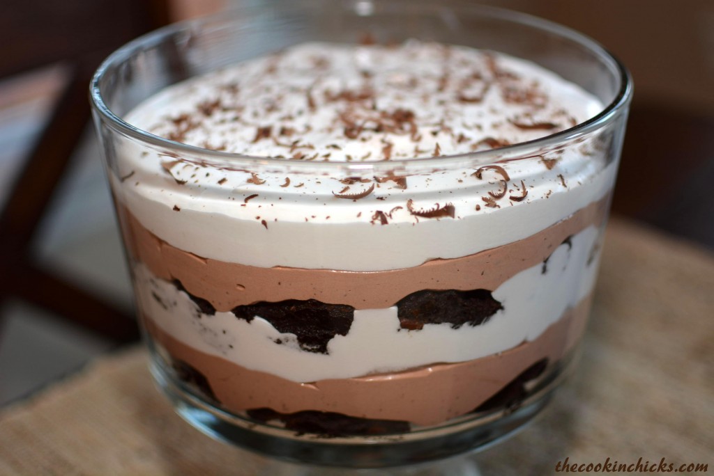 layers of mousse, whipped cream, and brownies combined into a tasty trifle