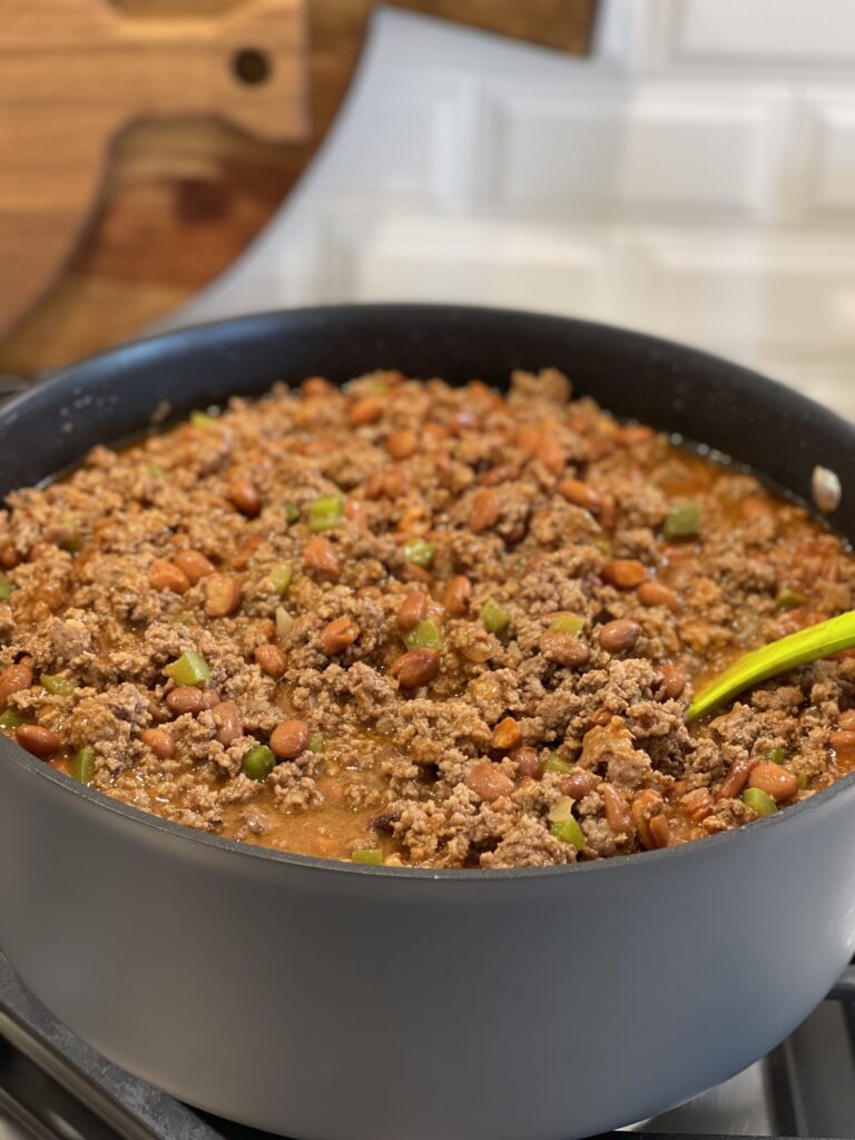 ground beef cooked with taco seasonings, peppers, and tomatoes
