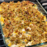 chicken and stuffing casserole baked and ready to eat