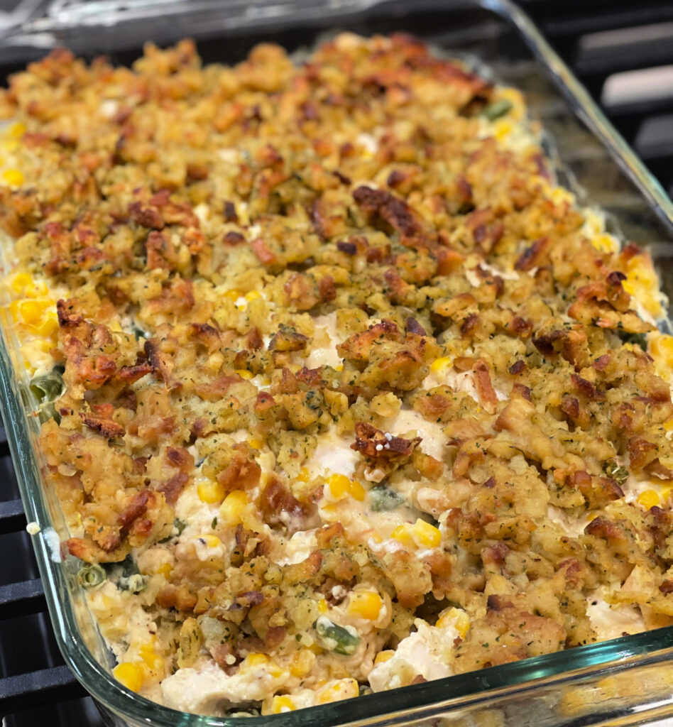 chicken and stuffing casserole baked and ready to eat