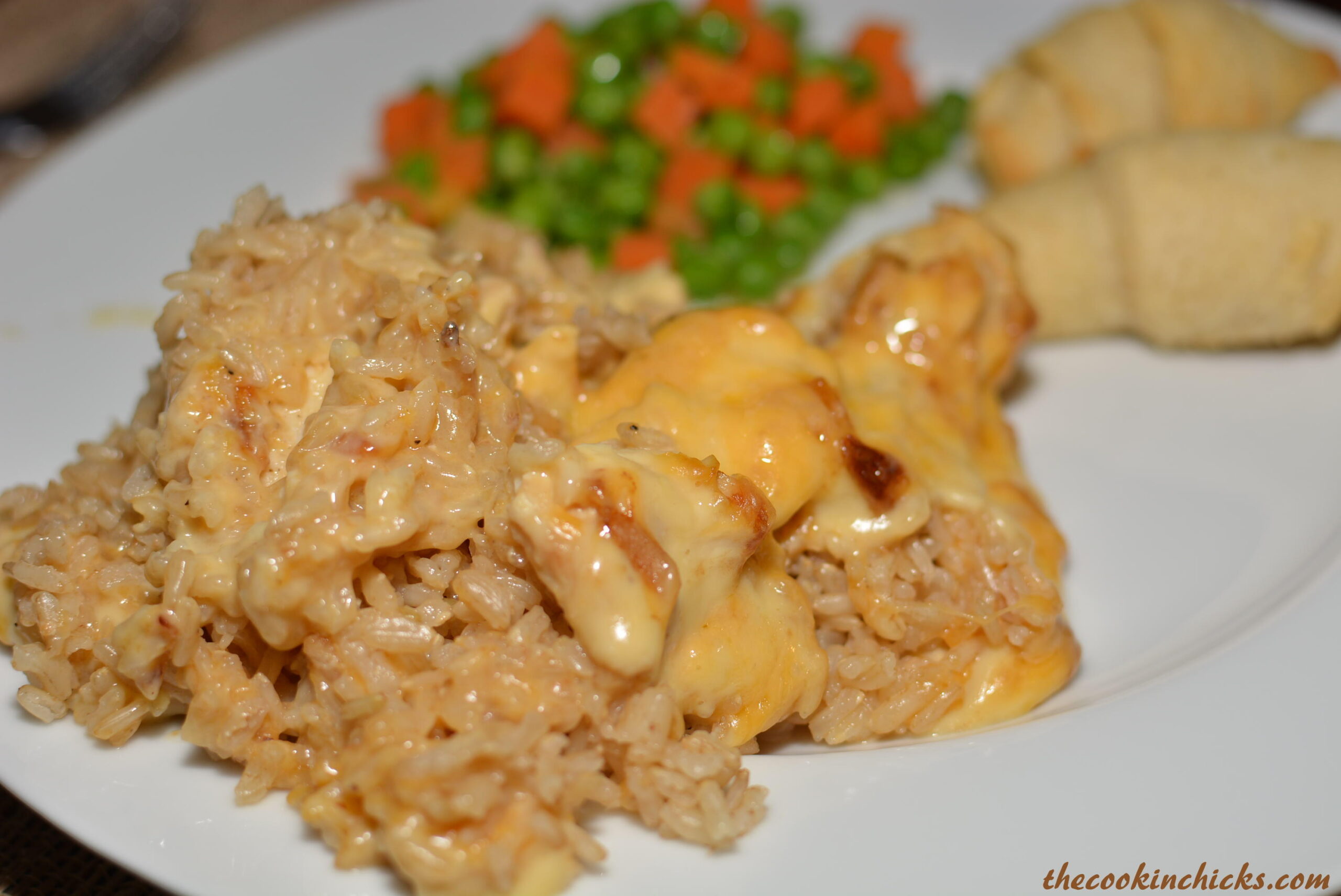 rice and chicken combined with cheese in a casserole