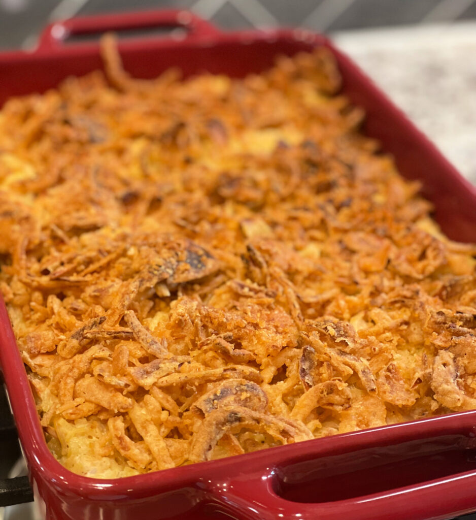 tender chicken, rice, and french fried onions combined into a flavorful casserole