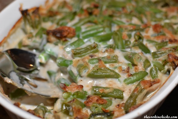 tasty casserole with green beans, mushroom sauce, and french fried onions