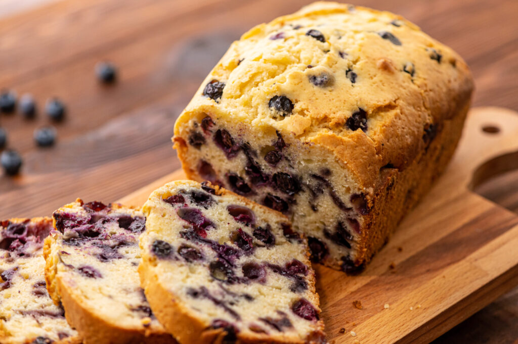 moist, flavorful quick bread with blueberries throughout