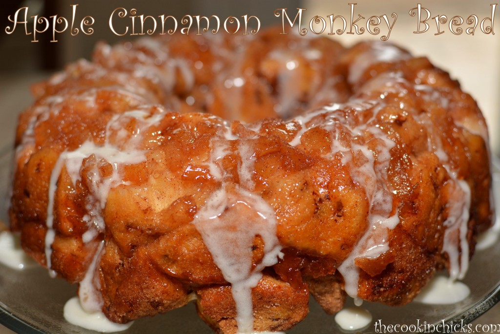 cinnamon roll pieces combined with diced apple, cinnamon, and glaze to create an apple cinnamon monkey bread