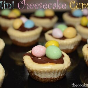 creamy cheesecake filling over a homemade graham cracker crust made in cupckae pan