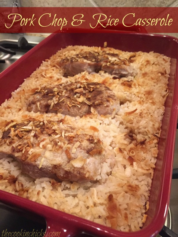 tender rice and pork chops combined with onion soup in a one pan casserole