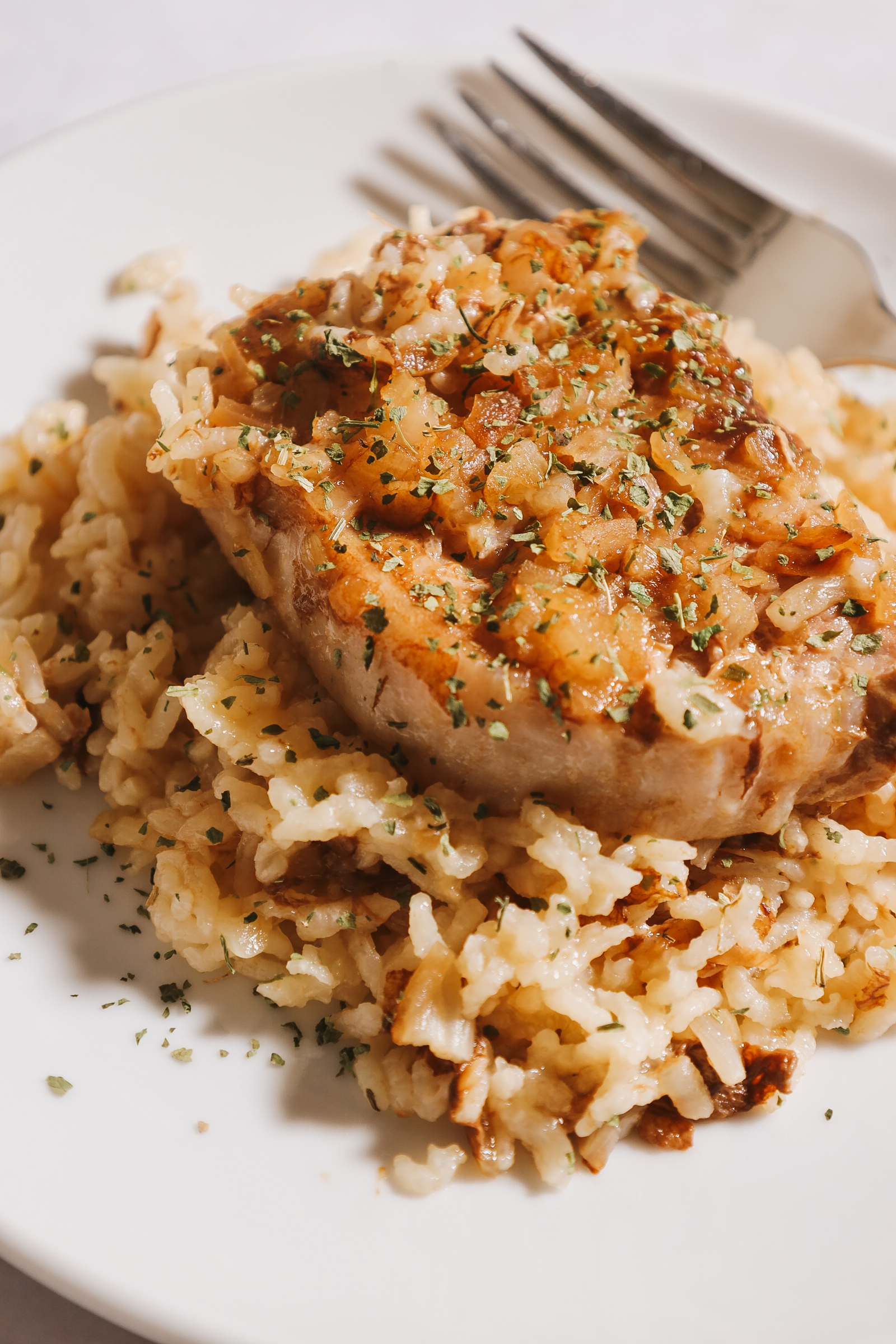 pork chop and rice casserole served on a white plate.