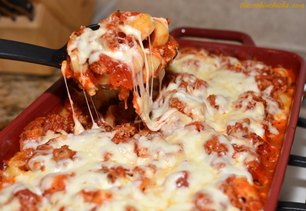 cheesy tortellini combined with beef and sauce into a flavorful casserole