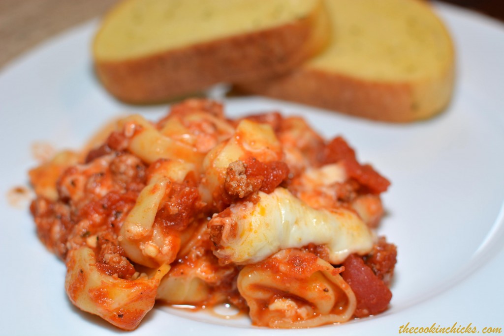 cheesy tortellini baked into a flavorful casserole
