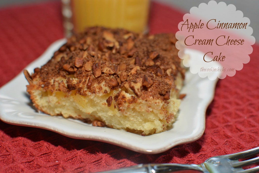 cream cheese and apple chunks throughout a moist and flavorful cake 