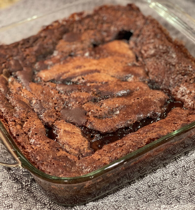 hot fudge pudding cake in glass baking dish