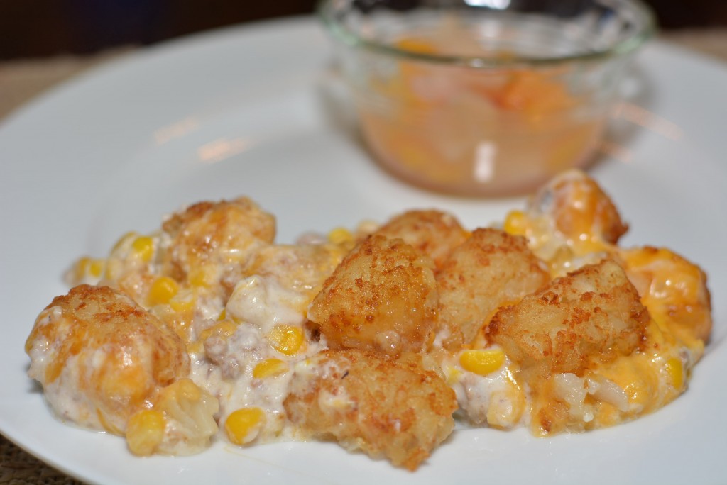 Warm and creamy tater tot casserole served on a plate.