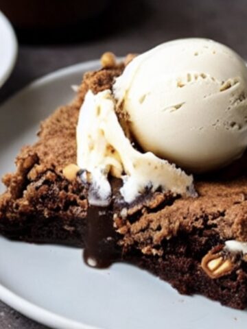a slice of death by chocolate peanut butter cake served on a plate with ice-cream