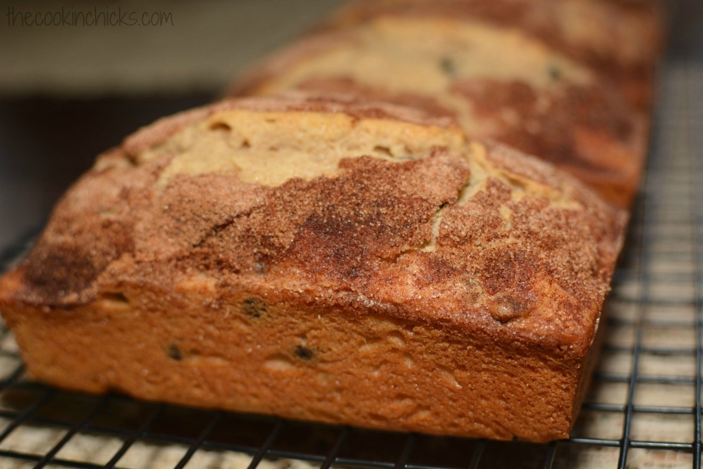 cinnamon sugar coated quick bread with cinnamon chips throughout