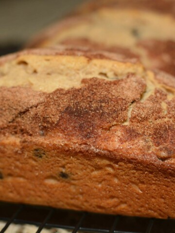 cinnamon sugar topping on a moist, flavorful quick bread