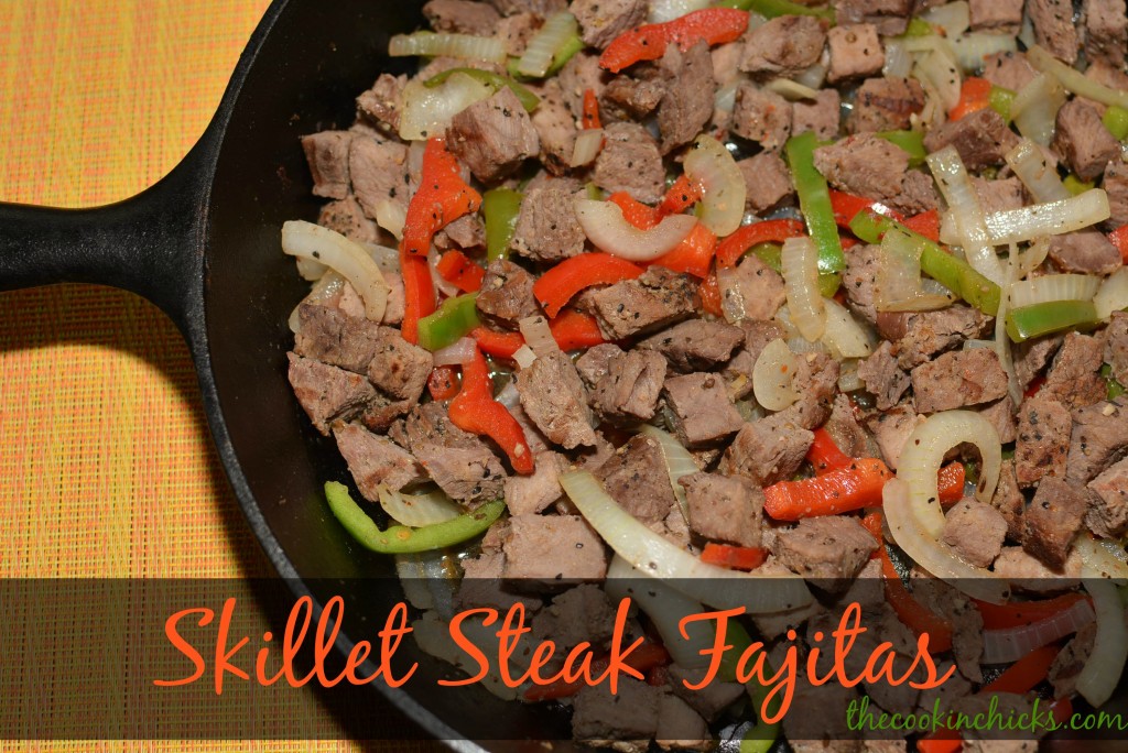 steak, peppers, and onions combined into a skillet fajita dish