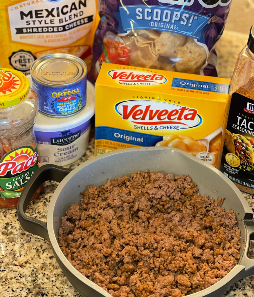 all the ingredients needed for cheesy nacho bake