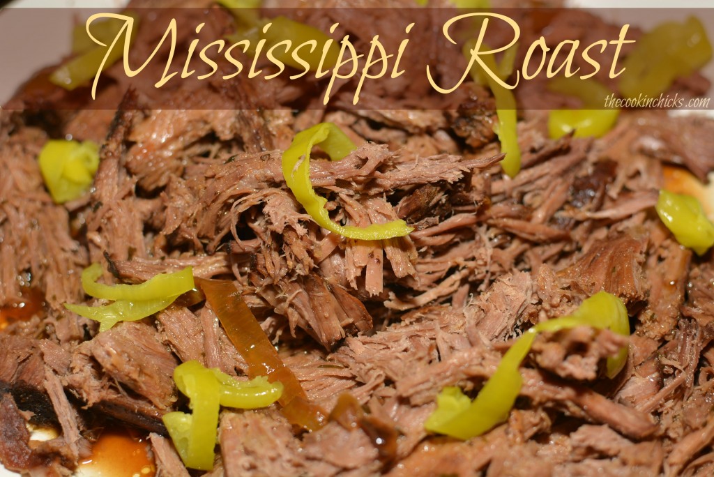 tender pot roast cooked in the slow cooker with peppers and mixes to create Mississippi roast