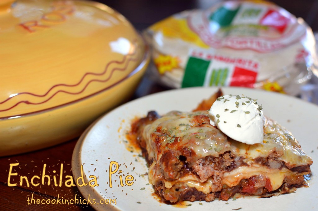 layers of taco seasoned beef, tortillas, enchilada sauce, cheese, and green chiles combine into this enchilada pie