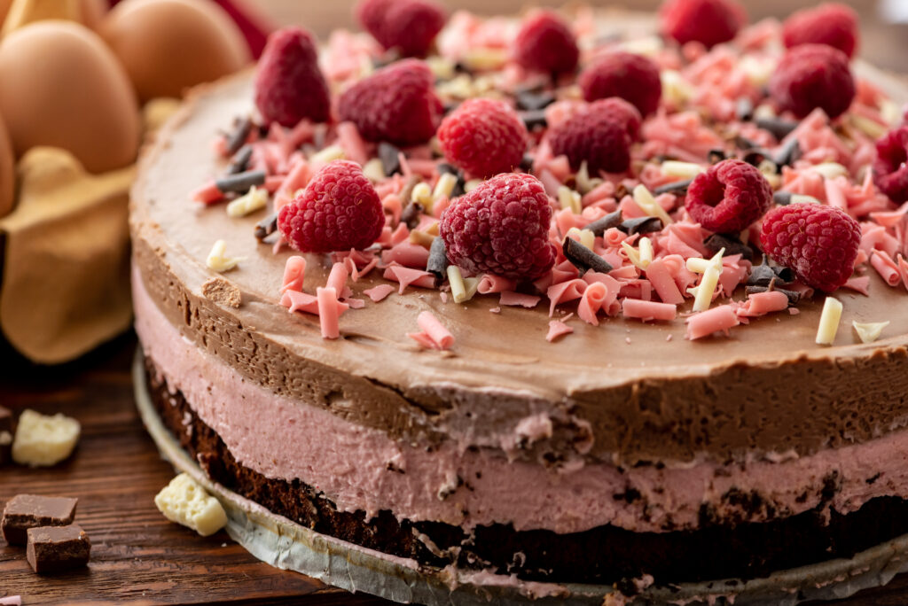 flourless cake combined with chocolate mousse and raspberry mousse layers