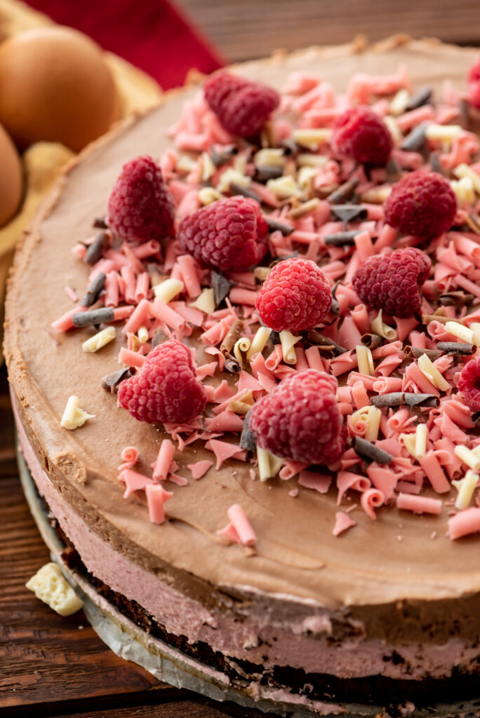 layers of creamy mousse and chocolate cake combined into one sweet treat