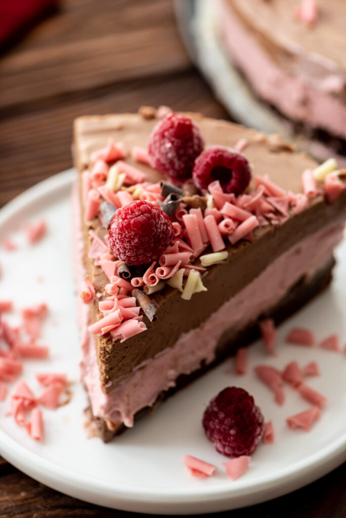decadent and indulgent, this raspberry chocolate mousse cake melts in your mouth each and every bite