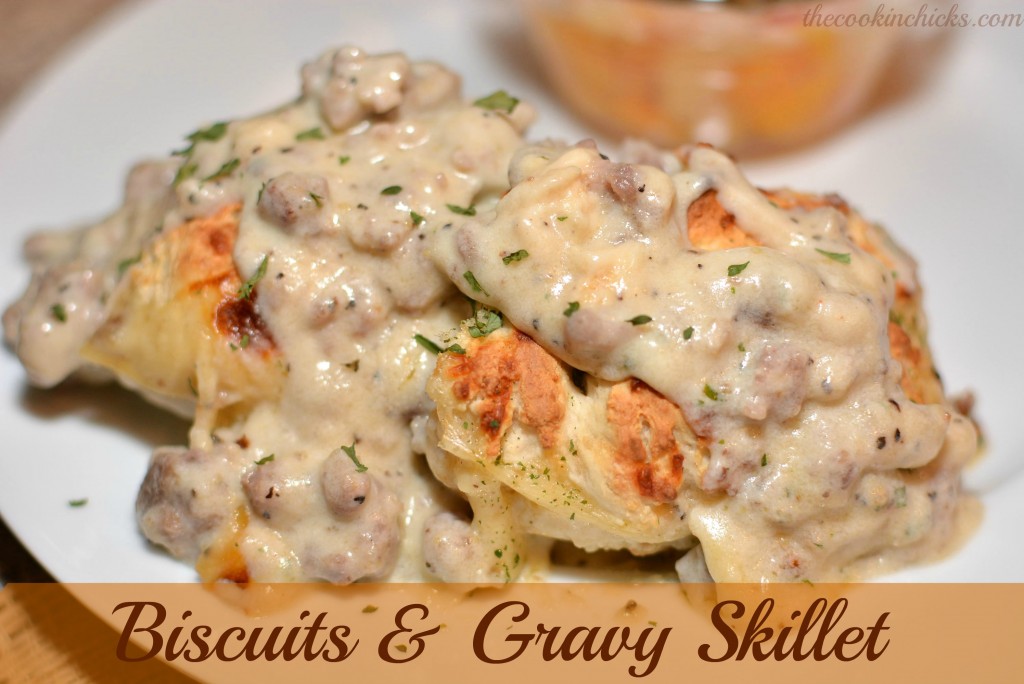 creamy sausage gravy with homemade drop biscuits on top