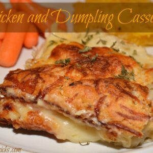 layers of creamy chicken and biscuits in a casserole