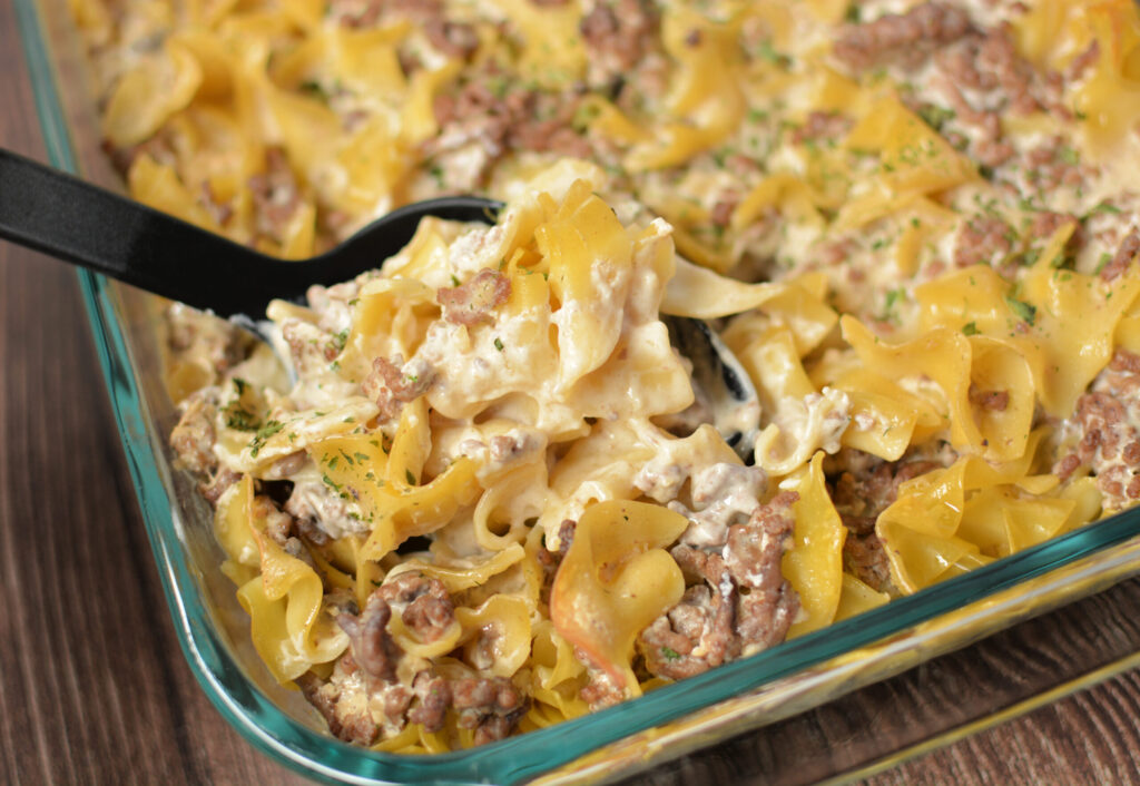 a casserole made with ground beef, mushroom, pasta, and a cream sauce 