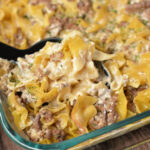 a casserole made with ground beef, mushroom, pasta, and a cream sauce