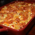 tender pasta with beef, cheesy, and sauce combined into a casserole
