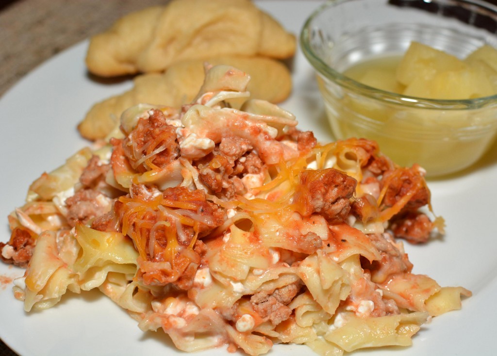 cheese, beef, and pasta combined into a creamy noodle bake