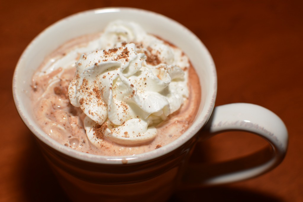 a mug of creamy hot cocoa topped with whipped cream and cinnamon