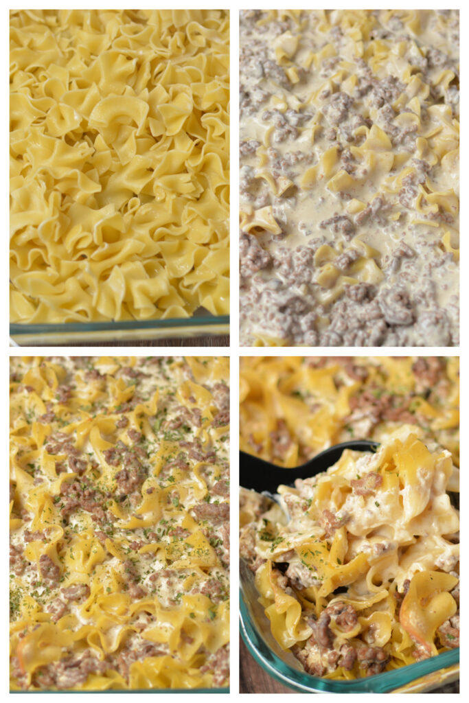 step by step on how to make creamy beef stroganoff casserole 