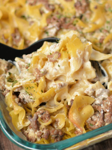 a casserole made with ground beef, mushroom, pasta, and a cream sauce