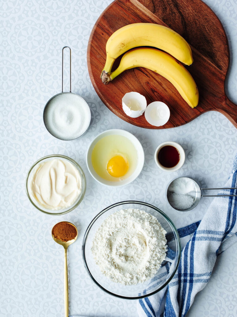 all the ingredients needed to make mayonnaise banana bread.