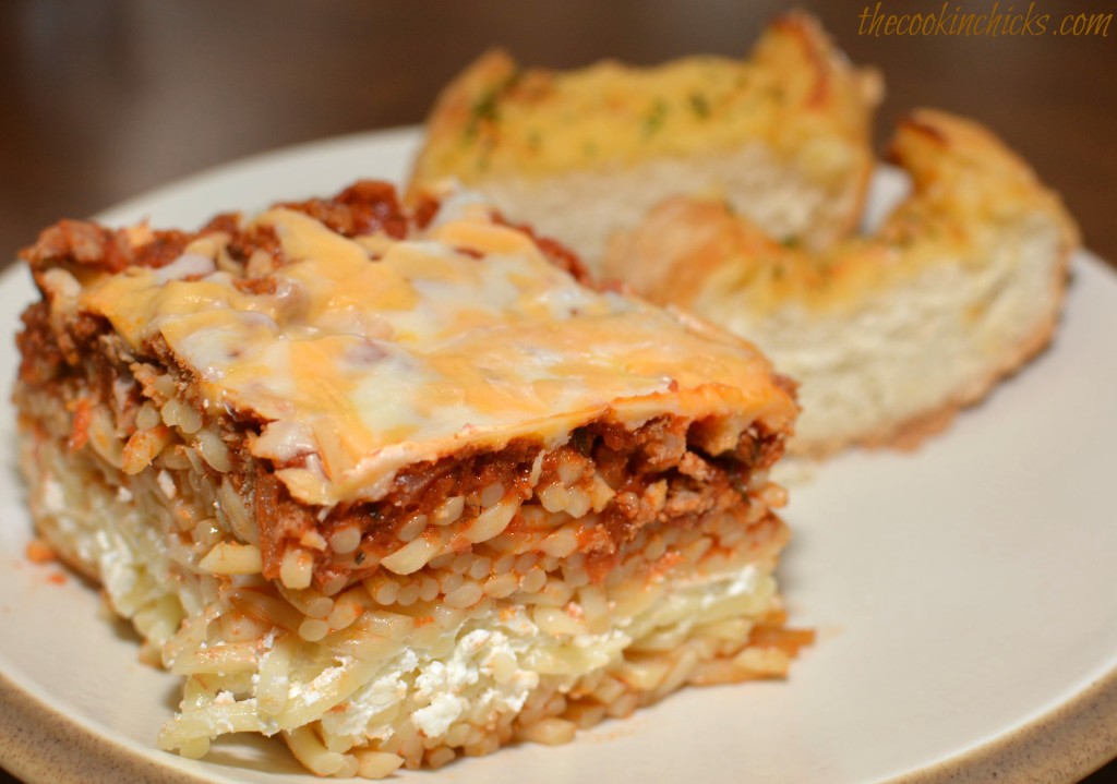 tender pasta, cheese, and beef combined into a spaghetti casserole
