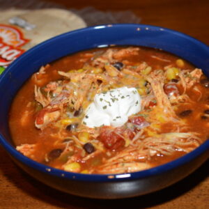shredded chicken, beans, tomatoes, and more cooked in the crockpot for a tasty soup