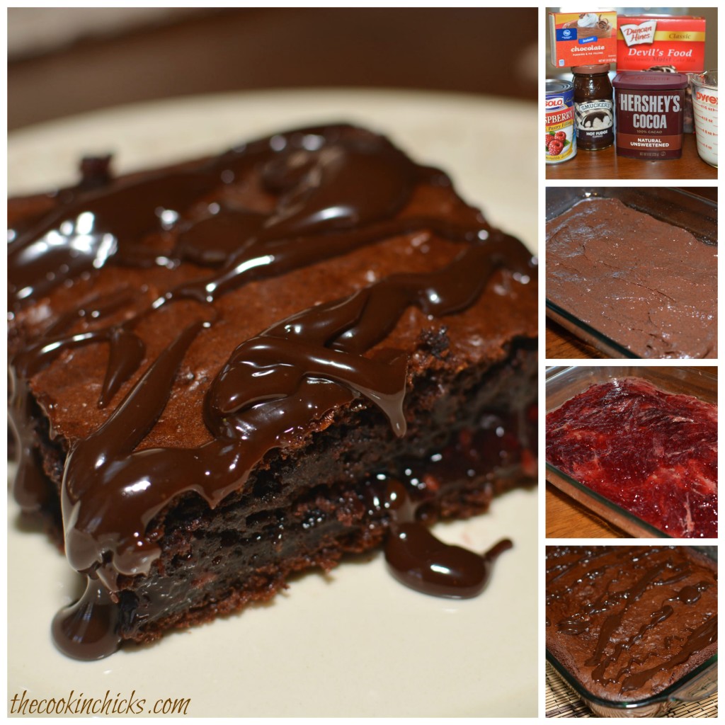 layers of raspberry pie filling throughout a chocolate dump cake and topped with fudge