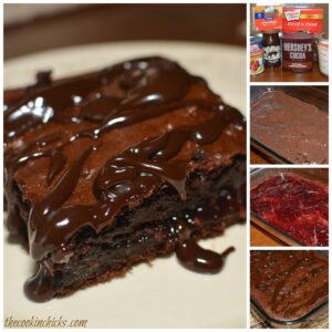chocolate cake with a raspberry layer throughout and fudge topping