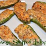 cheesy, sausage filled jalapeno halves cooked and served as an appetizer or meal option