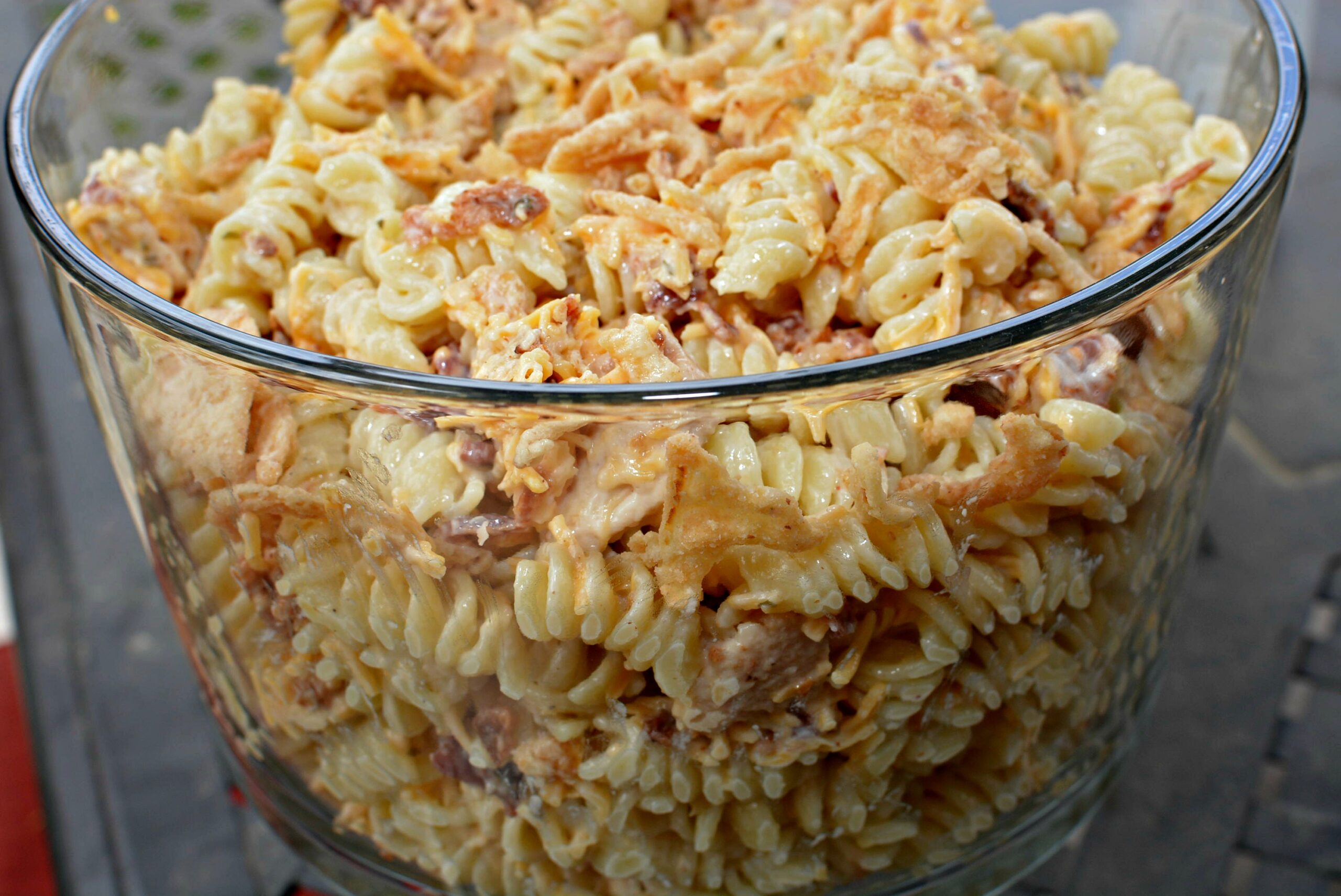 chicken, bacon, and ranch dressing combined into a flavorful pasta salad