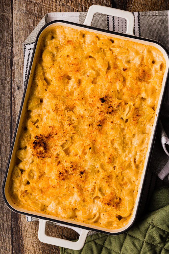 baked mac and cheese in a large pan