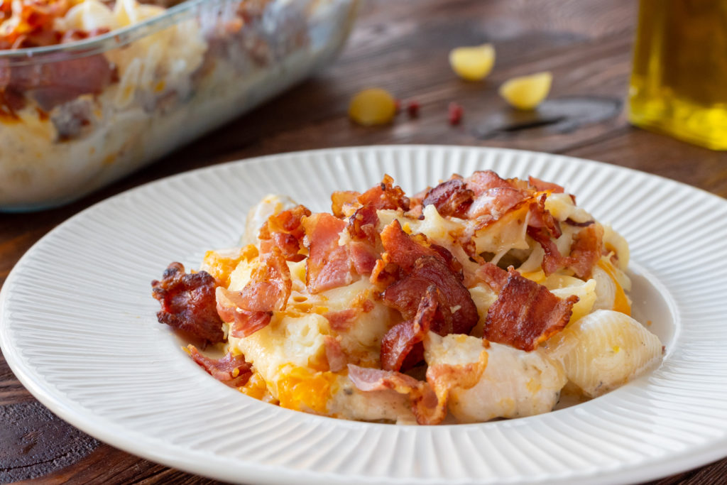 a scoop of chicken bacon ranch pasta served on a plate