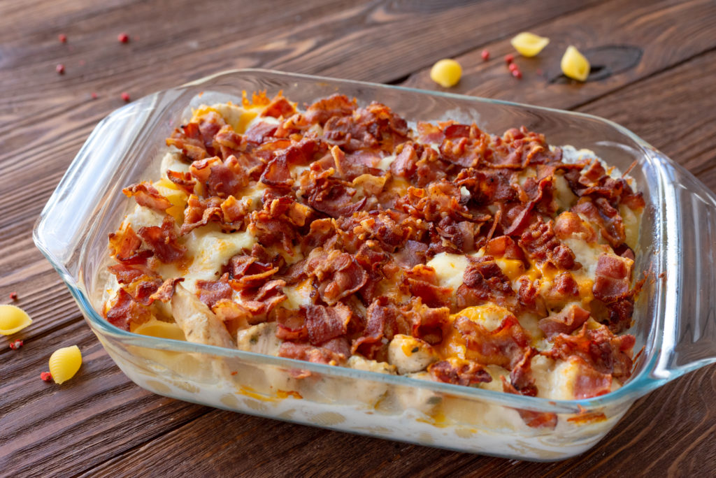 chicken bacon ranch pasta baked in a casserole pan ready to enjoy