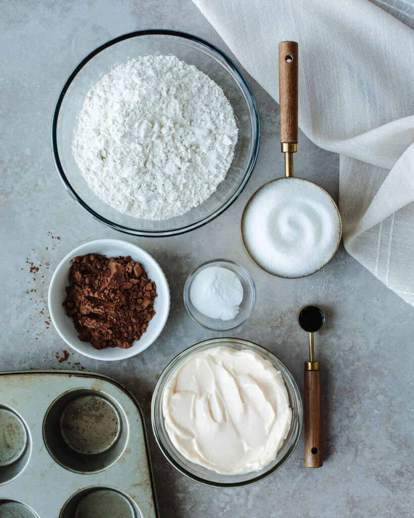 all the ingredients needed to make chocolate mayonnaise cupcakes.