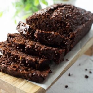 a loaf of zucchini bread with chocolate throughout.
