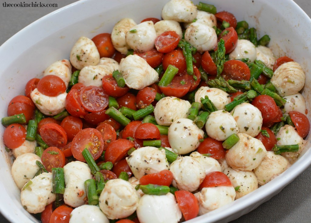 tomatoes, asparagus, mozzarella, and basil combined with balsamic vinegar for a refreshing salad