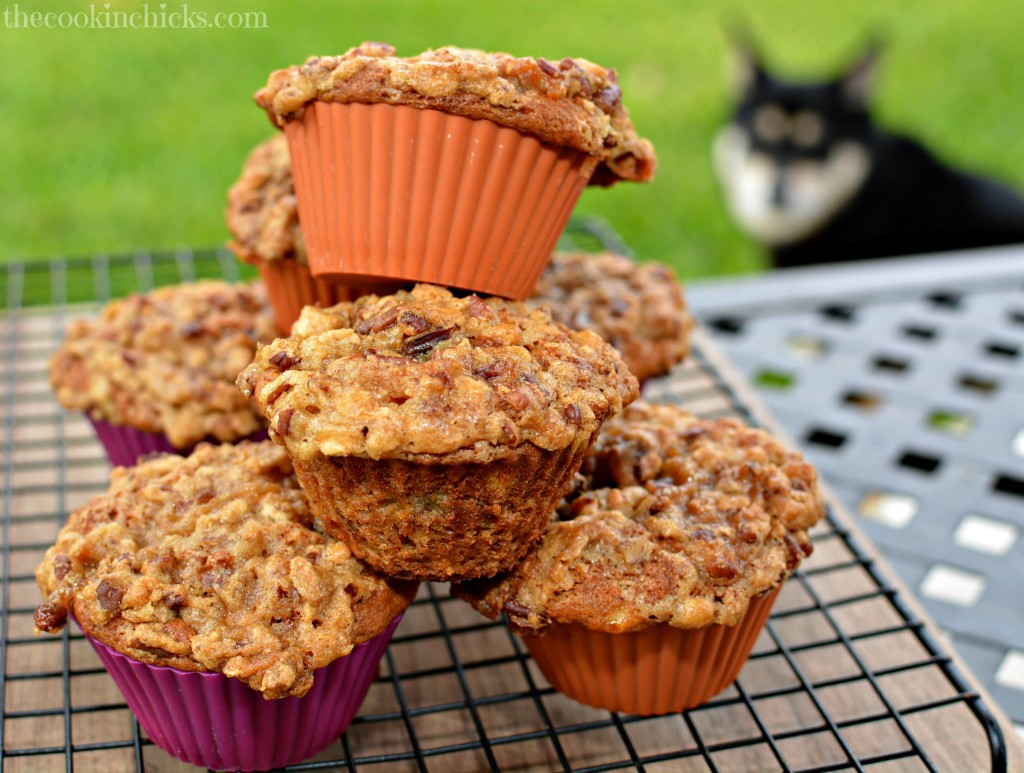 fluffy, flavorful banana pecan muffins with a cinnamon crunch topping